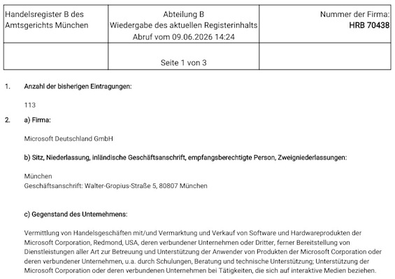 First page of a Handelsregister current extract (Aktueller Abdruck) showing company name, registered office and activities