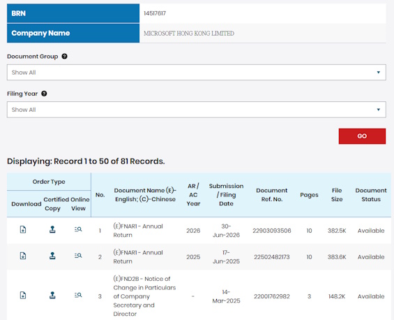 A Hong Kong Companies Registry Document Index listing filed documents
