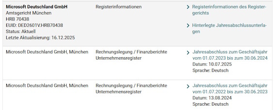 Unternehmensregister results showing published annual financial statements for a company